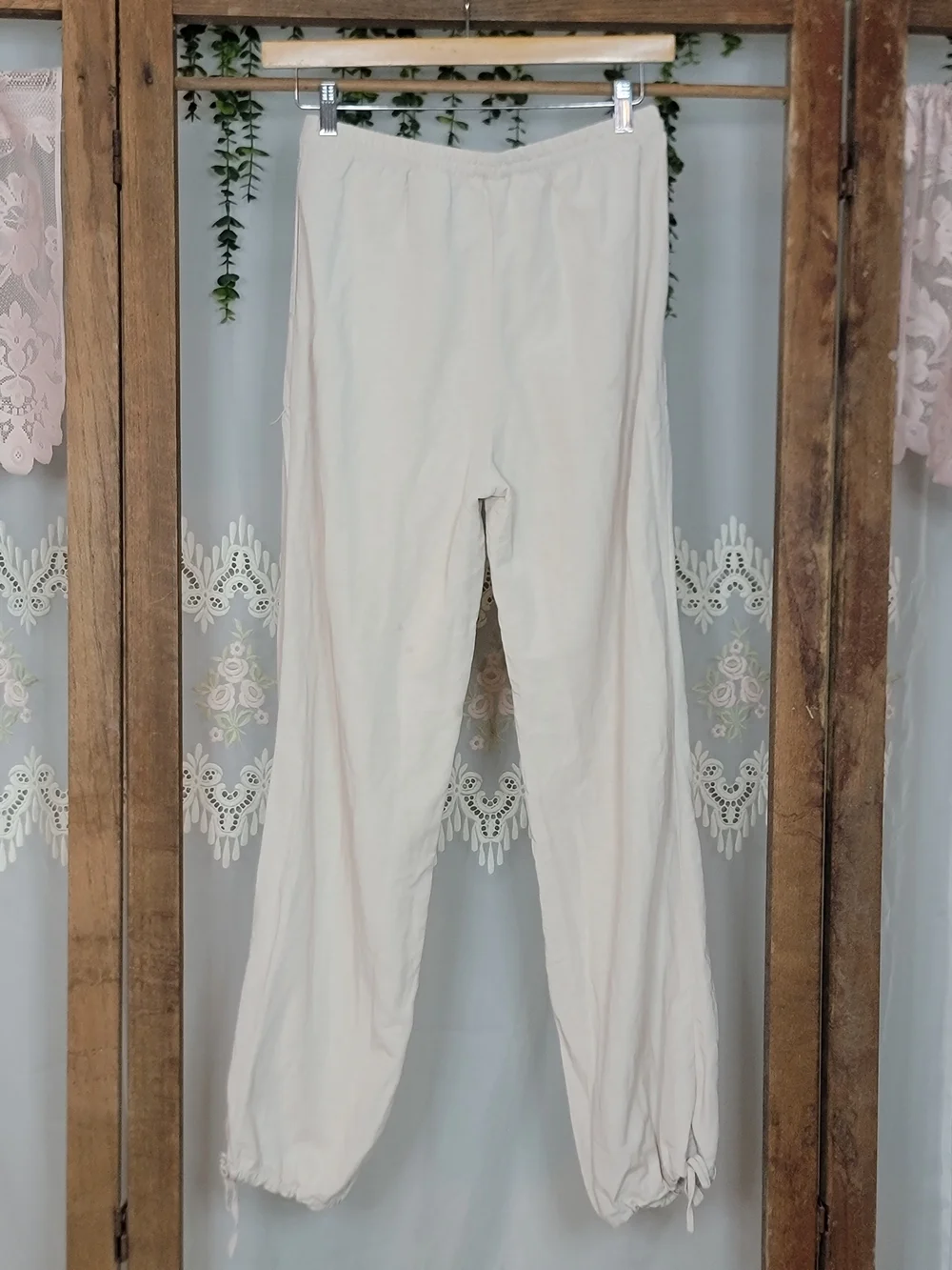 H&M Linen Blend Jogger Pants Cream Drawstring Ankle Tie Boho Resort Small